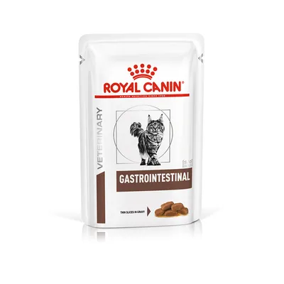ROYAL CANIN VETERINARY GASTROINTESTINAL kattemad, illustration af kat og foderstykker, teksten 'THIN SLICES IN GRAVY' synlig på emballagen.