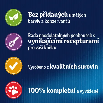 Text v češtine: Bez přidaných umělých barviv a konzervantů, Řada neodolatelných pochoutek s vynikajícími recepturami pro vaši kočku, Vyrobeno z kvalitních surovin, 100% kompletní a vyvážené.