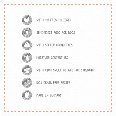 With 41% fresh chicken, semi-moist food for dogs, softer croquettes, moisture content 18%, rich sweet potato, 100% grain-free recipe, made in Germany.