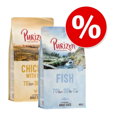 Purizon kattenvoer, varianten Fish en Chicken with Fish, zichtbaar: 70% dierlijke ingrediënten, 30% fruit & groente, 0% granen, verpakking 400 g, kortingssymbool (%)