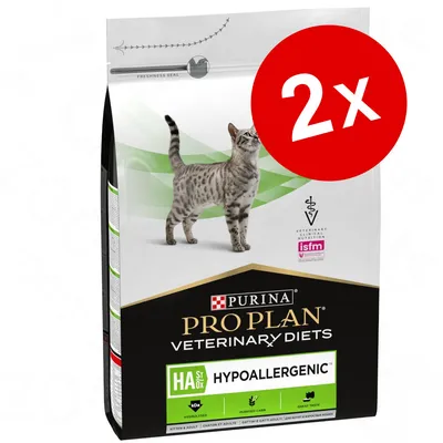 Sac de croquettes pour chat Purina Pro Plan Veterinary Diets HA St/Ox Hypoallergenic, lot de 2. Texte visible : hydrolysed, purified carb, great taste, kitten & adult cat.