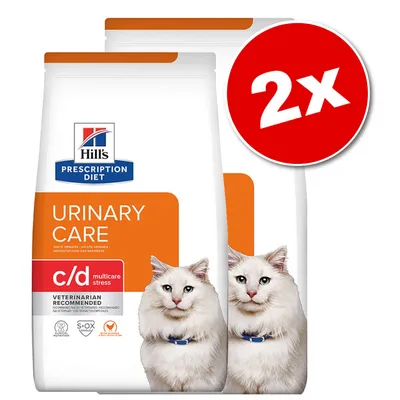 Lot de 2 sacs Hill's Prescription Diet Urinary Care c/d Multicare Stress, recommandé par vétérinaires. Texte visible : santé urinaire, S+OX Shield.