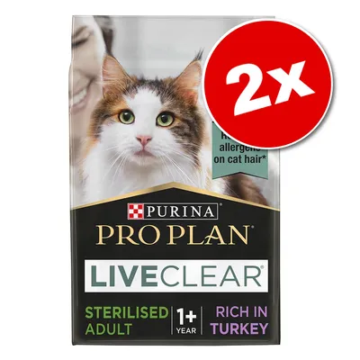 Purina Pro Plan LiveClear Sterilised Adult 1+ Rich in Turkey, lot de 2. Texte visible : 'Helps reduce allergens on cat hair*'. Emballage avec photo de chat.