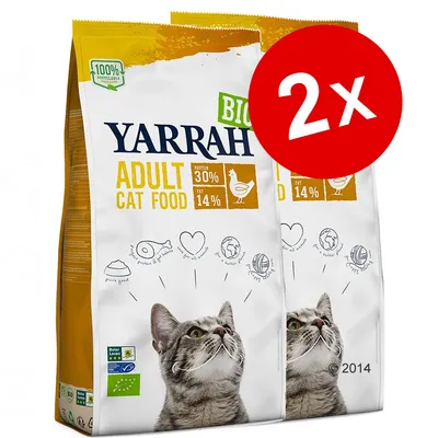 Lot de 2 sacs Yarrah Adult Cat Food BIO, protéines 30 %, matières grasses 14 %, poulet, emballage recyclable, labels écologiques visibles sur le devant du paquet.