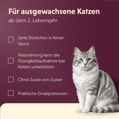 Für ausgewachsene Katzen ab dem 1. Lebensjahr: zarte Stückchen in feiner Sauce, Nassnahrung unterstützt Flüssigkeitsaufnahme, ohne Zuckerzusatz, praktische Einzelportionen.