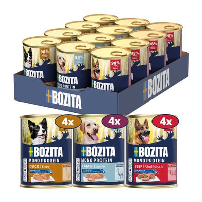 Bozita Mono Protein Mix: 4x утка, 4x ягнёнок, 4x говядина. 98% источников животного белка. Постбиотики для здоровья пищеварения.