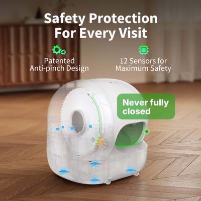 Sicherheitsmerkmale: patentiertes Anti-Einklemm-Design, 12 Sensoren für maximale Sicherheit, nie vollständig geschlossen. Hinweis: Safety Protection For Every Visit.