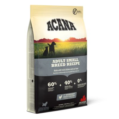 ACANA Adult Small Breed Recipe, 60% składników pochodzenia zwierzęcego, 40% warzyw/owoców, 0% sztucznych dodatków, główny składnik świeży kurczak, 340 g, wyprodukowana w Kanadzie.