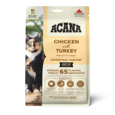 ACANA Chicken with Turkey Homestead Harvest Adult Kat. Premium food met 65% dierlijke ingrediënten. Trots vervaardigd in Canada. Netto gewicht 340 g. ACANA Chicken with Turkey Homestead Harvest Adult Kat. Premium food met 65% dierlijke ingrediënten. Trots vervaardigd in Canada. Netto gewicht 340 g.