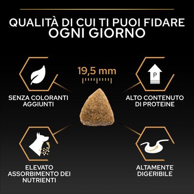 Dimensione delle crocchette 19,5 mm, senza coloranti, alto contenuto proteico, elevato assorbimento dei nutrienti, facilmente digeribile. Testo: Qualità di cui puoi fidarti ogni giorno.