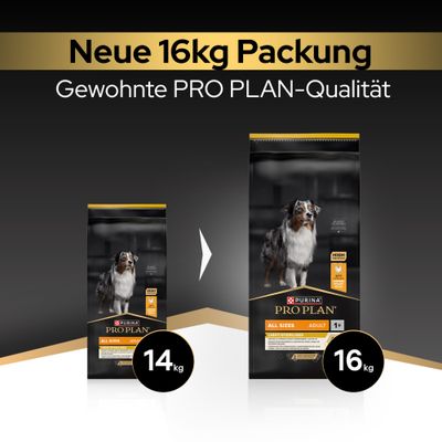 Neue 16kg Packung, gewohnte PRO PLAN-Qualität. Produktumstellung von 14kg auf 16kg sichtbar.