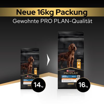 Neue 16kg Packung, gewohnte PRO PLAN-Qualität. Purina PRO PLAN Large Athletic Adult Hundefutter jetzt in 16kg statt 14kg erhältlich.
