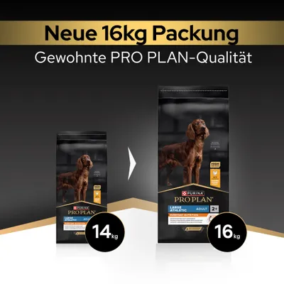 Neue 16kg Packung, gewohnte PRO PLAN-Qualität. Purina PRO PLAN Large Athletic Adult Hundefutter jetzt in 16kg statt 14kg erhältlich. Neue 16kg Packung, gewohnte PRO PLAN-Qualität. Purina PRO PLAN Large Athletic Adult Hundefutter jetzt in 16kg statt 14kg erhältlich.
