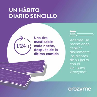 Recomendación: Dar un snack masticable cada noche después de la última comida. Además, se recomienda cepillar los dientes diariamente con el gel OROZYME.