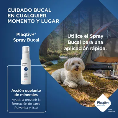 Plaqitv+ Spray Bucal con efecto quelante mineral, ayuda a prevenir el sarro dental. Aplicación rápida en cualquier lugar.