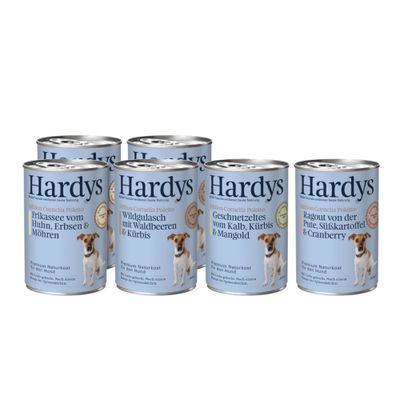 Hardys Edition Cornelia Poletto: фрикасе из курицы, горох и морковь; гуляш из дичи с лесными ягодами и тыквой; жаркое из телятины, тыква и мангольд; рагу из индейки, батат и клюква. Премиальный натуральный корм для собак.