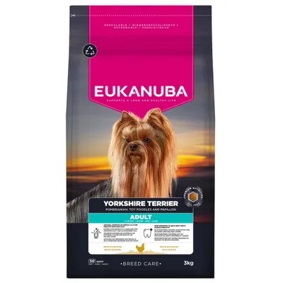 Eukanuba Yorkshire Terrier Adult, rich in chicken, 3 kg. Suitable for Pomeranians, Toy Poodles and Papillons. Supports dental care and contains omega-3 and omega-6.