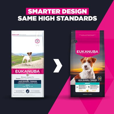 Eukanuba Jack Russell Terrier Adult: Obrázok zobrazuje starý a nový dizajn obalu s poznámkou „Inteligentnejší dizajn, rovnaké vysoké štandardy“.