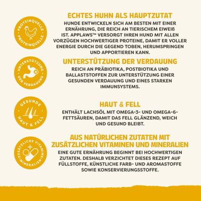 Echtes Huhn als Hauptzutat, Unterstützung der Verdauung, gesunde Haut und Fell, aus natürlichen Zutaten mit zusätzlichen Vitaminen und Mineralien. Ohne Füllstoffe, Farb- und Aromastoffe.