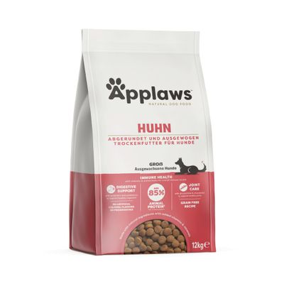 Hauptzutaten: Huhn, Lachsöl, Vitamine und Mineralstoffe, pflanzliche Ballaststoffe, Präbiotika, Postbiotika, Glucosamin, Chondroitin, Cranberry.