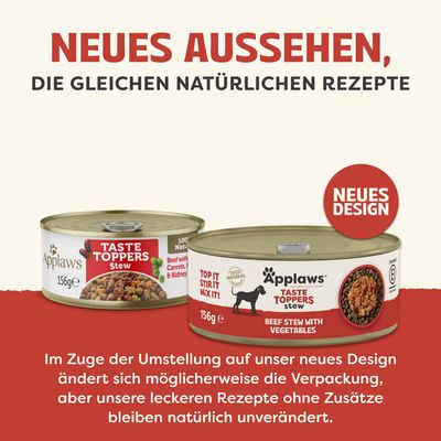 Neues Aussehen, die gleichen natürlichen Rezepte. Applaws Taste Toppers Stew, neues Design, Rezept bleibt unverändert, Verpackung kann sich ändern.