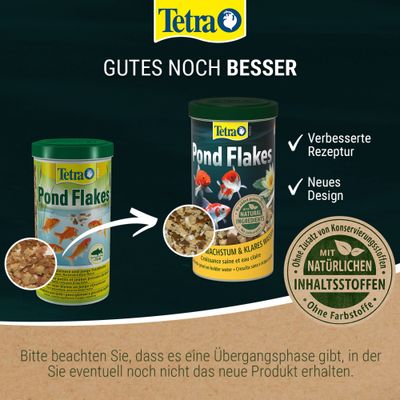 Tetra Pond Flakes mit neuem Design und verbesserter Rezeptur, jetzt mit natürlichen Inhaltsstoffen, ohne Zusatz von Konservierungsstoffen und Farbstoffen.