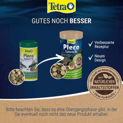 Tetra Pleco Tablets XL mit neuem Design und verbesserter Rezeptur, ohne Zusatz von Konservierungsstoffen, mit natürlichen Inhaltsstoffen, ohne Farbstoffe.
