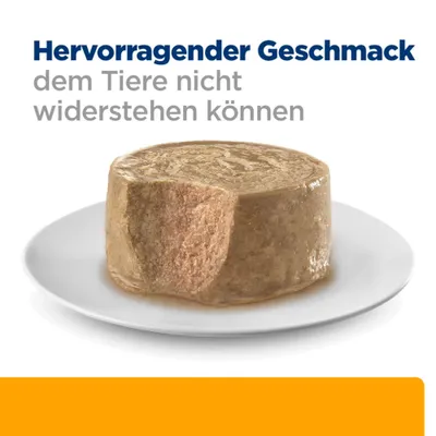 Hervorragender Geschmack, dem Tiere nicht widerstehen können. Abgebildet ist ein Stück Nassfutter auf einem weißen Teller.