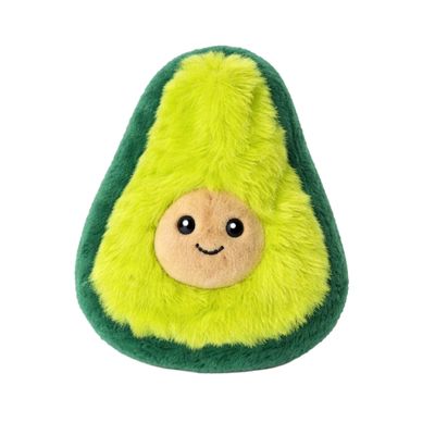 Pluche speelgoed in de vorm van een avocado met een groene rand en een lachend gezicht in het midden.