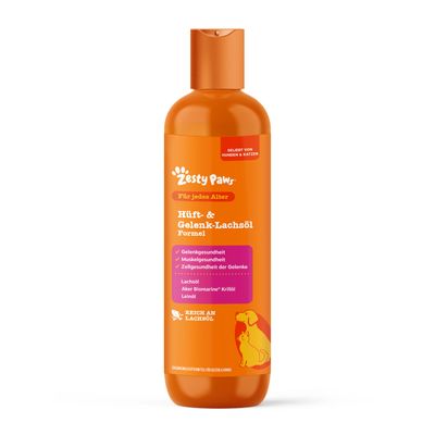 Zesty Paws Csípő- & Ízületi Lazacolaj Formula minden életkor számára. Ízületek egészsége, izmok egészsége, az ízületi sejtek egészsége. Lazacolaj, krillolaj, lenolaj. Gazdag lazacolajban.