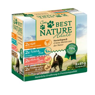 Best Nature Adult Voordeelpakket voor katten: 4 menu’s van kalf, wild & eend, kip & zalm, wildkonijn & kip. 100% natuurlijke samenstelling, 8x 85g portiezakjes.
