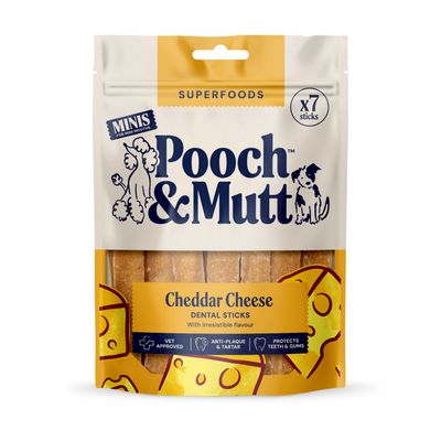 Pooch & Mutt Cheddar Cheese Dental Sticks Minis, superfoods, x7 sticks, vet approved, anti-plaque & tartar, protects teeth & gums.