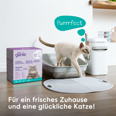 litter genie macskaalom, macskaalom tálca és hulladékgyűjtő vödör. Szöveg: Purrrfect. A friss otthonért és a boldog macskáért!