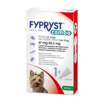 FYPRYST combo, 67 mg/60,3 mg, Lösung zum Auftropfen für kleine Hunde 2-10 kg, 1 x 0,67 ml. Nur für Tiere, ohne Rezept erhältlich. Hersteller: KRKA. FYPRYST combo, 67 mg/60,3 mg, Lösung zum Auftropfen für kleine Hunde 2-10 kg, 1 x 0,67 ml. Nur für Tiere, ohne Rezept erhältlich. Hersteller: KRKA.