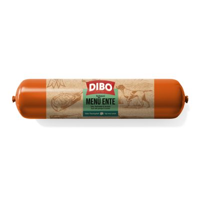 DIBO Menü Rind Kochwurst mit Rind, Pansen, Haferflocken und Karotten. Hoher Fleischgehalt. High meat content.