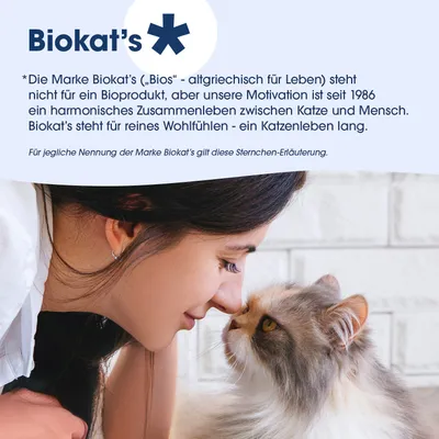 Biokat’s: Marke steht für harmonisches Zusammenleben zwischen Katze und Mensch seit 1986, kein Bioprodukt. Wohlfühlen für Katzen ein Leben lang. Sternchen-Erklärung zur Markennennung.