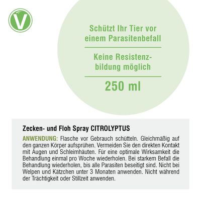 Citrolyptus kullancs- és bolha spray, védi a parazitafertőzés ellen, rezisztencia kialakulása nem lehetséges, 250 ml. Alkalmazás: Rázza fel az üveget, permetezze egyenletesen, kerülje a szemmel való érintkezést.