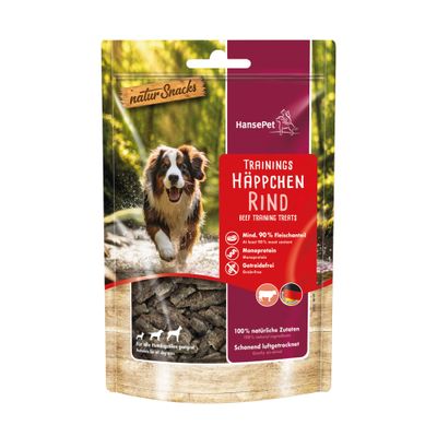 HansePet naturSnacks Trainingshappen: Pute, Ente, Rind, Lamm, Hirsch. Belohnen, motivieren, begeistern! 100% natürliche Zutaten, verschiedene Sorten sichtbar.