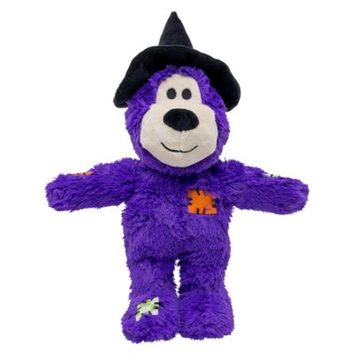 KONG KIRTS giocattolo in peluche viola con cappello da strega, cuciture visibili. La confezione mostra: Squeaks, Jouet Couineur.