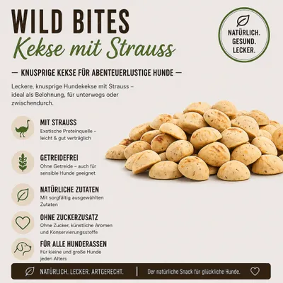 Wild Bites Kekse mit Strauss. Knusprige Hundekekse, getreidefrei, natürliche Zutaten, ohne Zuckerzusatz, für alle Hunderassen. Natürlich. Gesund. Lecker.