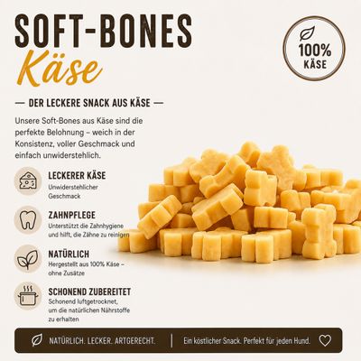 Soft-Bones Käse Snack aus 100% Käse, unwiderstehlicher Geschmack, unterstützt Zahnpflege, ohne Zusätze, schonend luftgetrocknet. Perfekt für jeden Hund.
