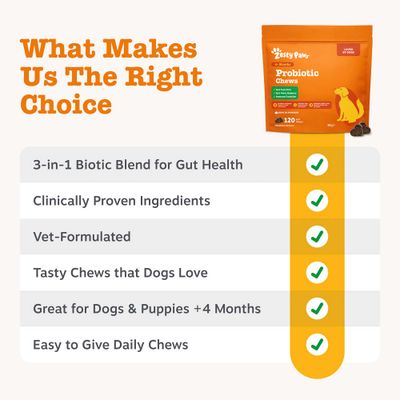 Zesty Paws Probiotic Chews: 3-in-1 Biotic Blend for Gut Health, Clinically Proven Ingredients, Vet-Formulated, Tasty Chews, Great for Dogs & Puppies from 4 months, Easy to Give Daily Chews.