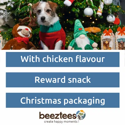 beeztees. With chicken flavour, reward snack, Christmas packaging. beeztees. With chicken flavour, reward snack, Christmas packaging.