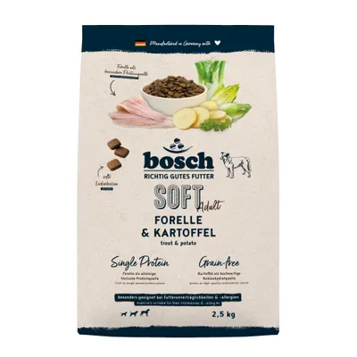 bosch RICHTIG GUTES FUTTER SOFT Adult Forelle & Kartoffel, Single Protein, Grain-free, 2,5 kg. Besonders geeignet bei Futterunverträglichkeiten & -allergien.