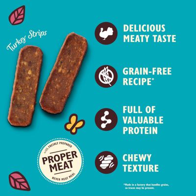 Lamelles de dinde, PROPER MEAT, délicieux goût meaty, recette sans céréales, riche en précieuse protéine, texture à mâcher. Remarque : Fabriqué dans une usine qui traite des céréales.
