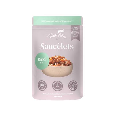 Terra Felis Saucelets Beef. 100% human-grade consumption quality of all ingredients, grain-free recipe, made with selected ingredients, free from grain and soya.