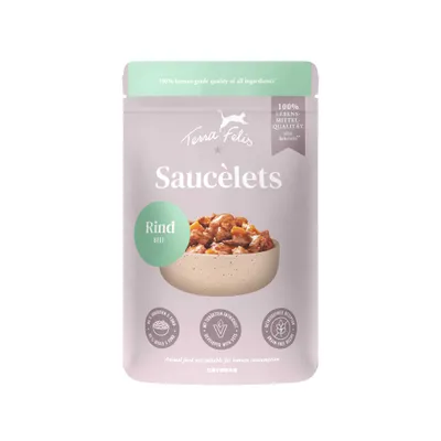 Terra Felis Saucelets Rind. 100% Lebensmittelqualität aller Rohstoffe, getreidefreie Rezeptur, mit ausgewählten Zutaten, ohne Getreide und Soja.