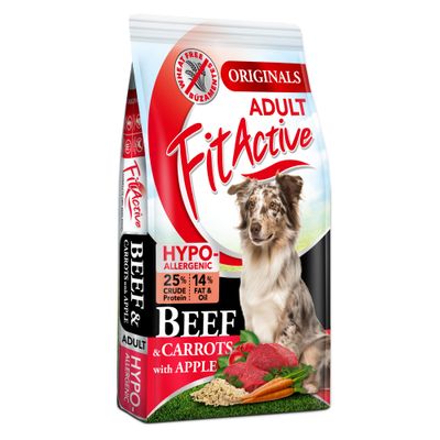 FitActive Originals Adult hypoallergen, Beef & Carrots with Apple, 25% Protein, 14% Fett & Öl, wheat free, Verpackung mit Hundebild.