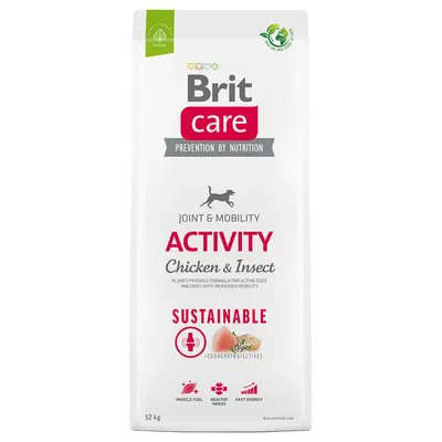 Brit Care Activity Joint & Mobility Chicken & Insect, Sustainable, 12 kg. Viditeľné ikony: svalové palivo, zdravý pohyb, rýchla energia. Text: Prevention by Nutrition, chondroprotectives.