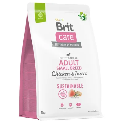 Brit Care Adult Small Breed Chicken & Insect, duurzaam hondenvoer voor kleine rassen tot 10kg, met probiotica, antistress, immuniteit en lage CO2-voetafdruk. 3kg verpakking.